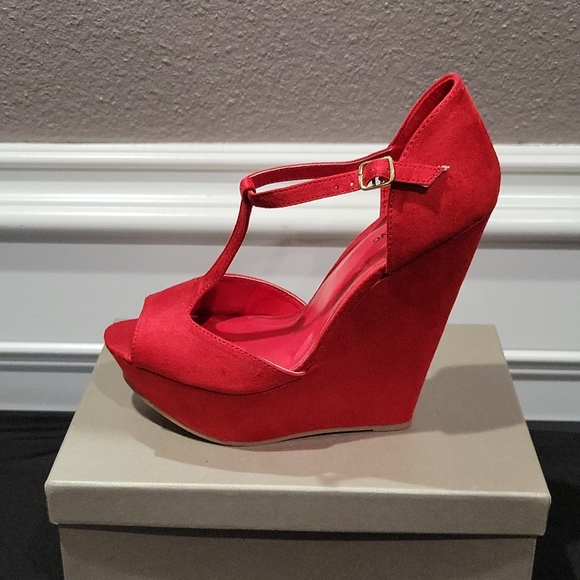 Call It Spring Shoes - Red Suede Wedge T strap Heels by Call it Spring 8.5 NWOT